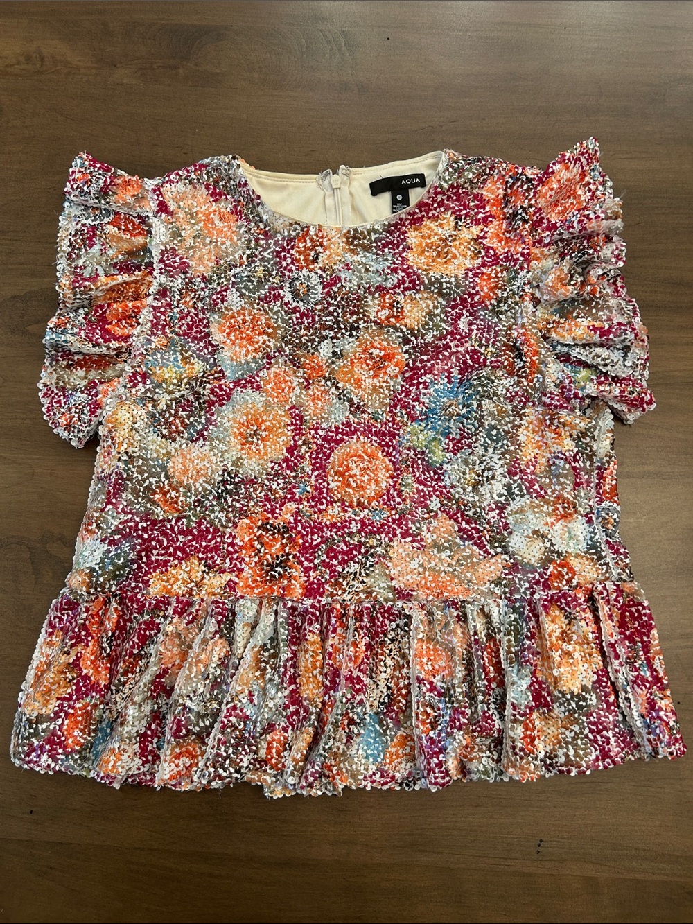 Aqua Floral Puff Sleeve Ruffle Hem Top — Orange, Pink & Blue